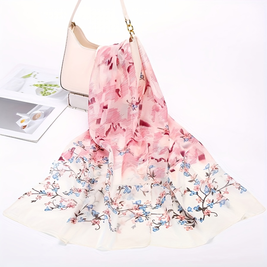 TEMU Elegant Floral Print Chiffon Scarf - Lightweight Polyester Summer Shawl - Versatile Headscarf Collection