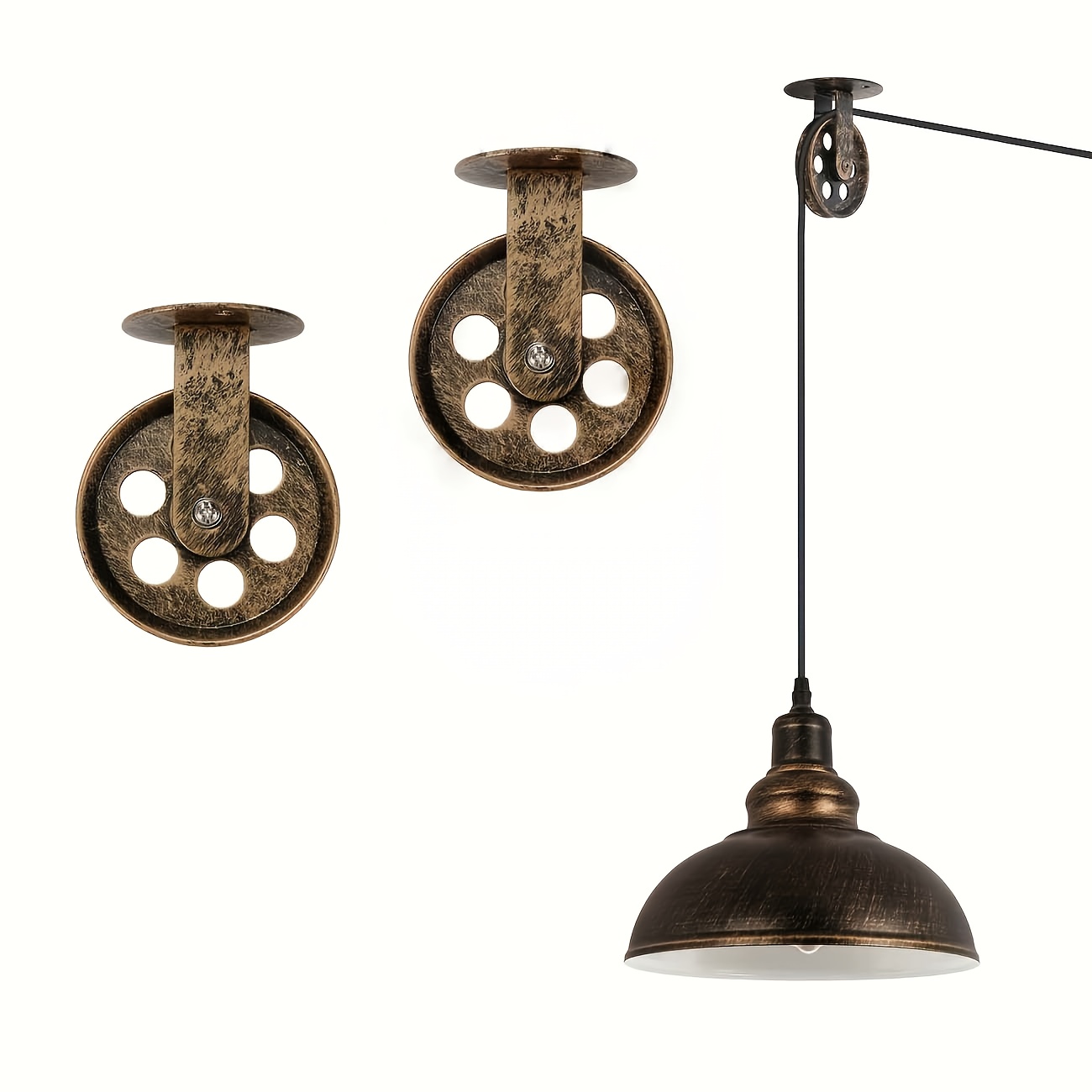 

1 Set Antique Bronze Metal Pulleys - Wall & Ceiling Mounted Hanging Decorations, Rustic Style For Suspension, No Electricity Or Battery Needed, Vintage Industrial Set