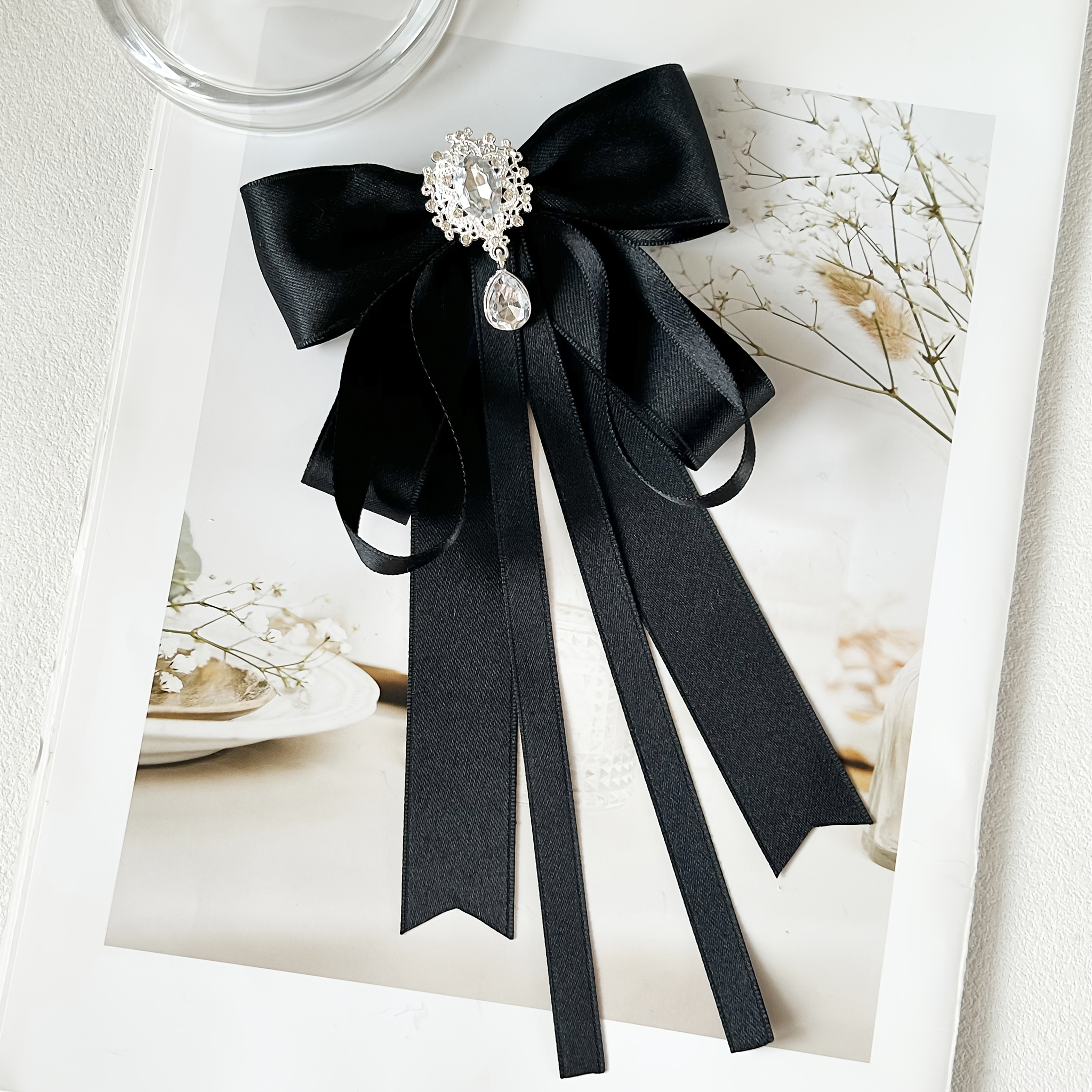 TEMU 1pc Ladies' Elegant And Academic Style Crystal Decor Additions, Bow Ribbon Pin, Perfect For Daily Commute, Banquets, Graduation Ceremonies, And