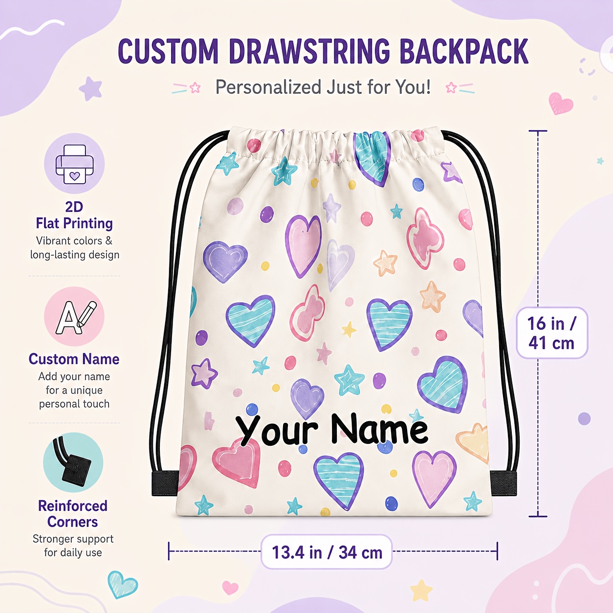 TEMU 1pc Custom Drawstring Backpack, Name And Watercolor Pattern, Lightweight Sports Bag, Fitness Organizer, Outdoor Travel Rucksack, Halloween