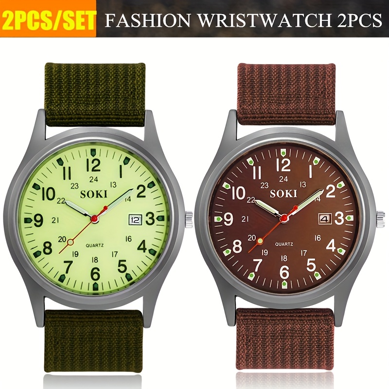 TEMU Set Of 2 Nylon Quartz Watches, Stylish Trendy Men's Outdoor , 2pcs (green + Brown)