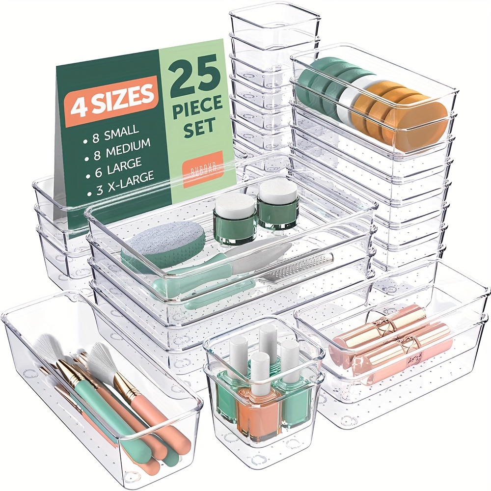 

25pcs/22pcs/18pcs Clear Plastic Drawer Organizers Set, 4 Clear Drawer Organizers & For Makeup/jewelry , Kitchen Gadgets Or Office Desk