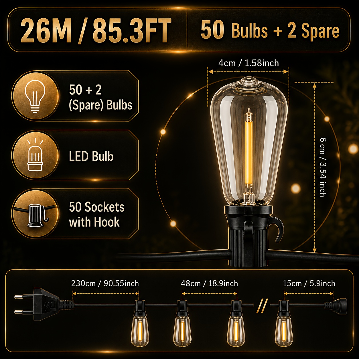 TEMU Guirlande Lumineuse Extérieure 14M/26M ST38, Ampoule Infranchissable IP44 & Lumière Jaune Chaude & Haute Luminosité, Durable et , Parfaite pour