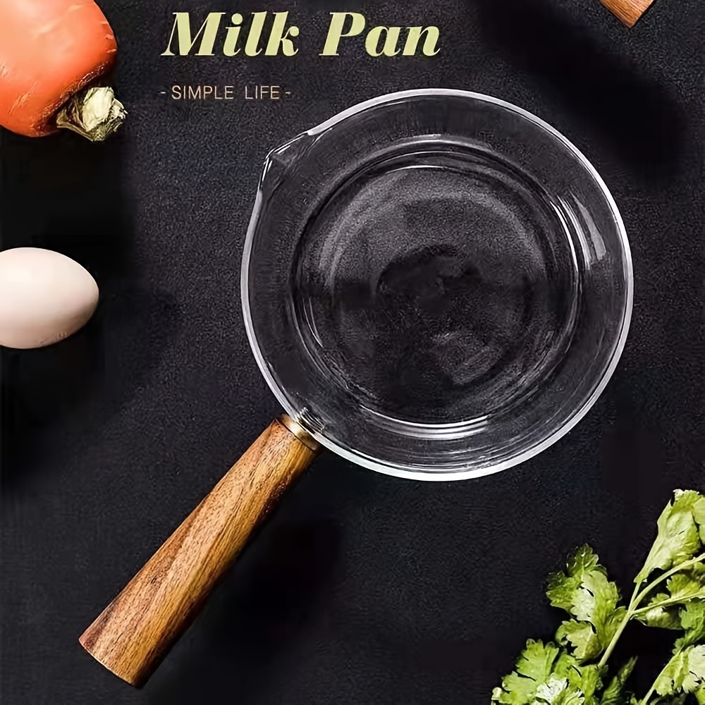 

400/600ml Glass Milk Pan With Wooden Handle - Dishwasher Safe, Clear Cooking Pot For Milk, Butter Heating, And Easy Pouring