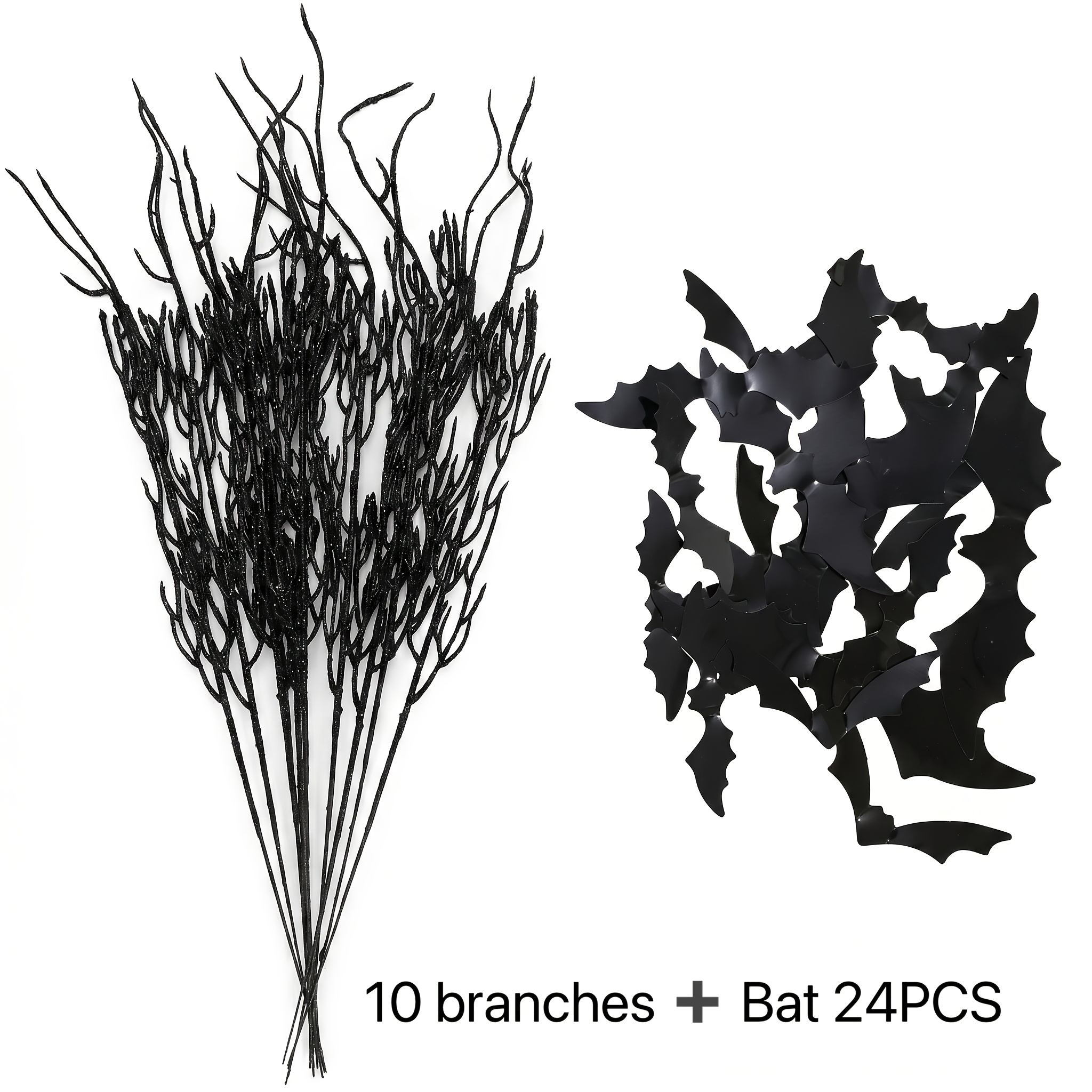 TEMU 34pcs, 10 Black Branches, 24pcs Of Bat Artificial Flowers, Halloween Decorations, Branches And 3d Bat Wall Stickers, Flash Vases Filled With
