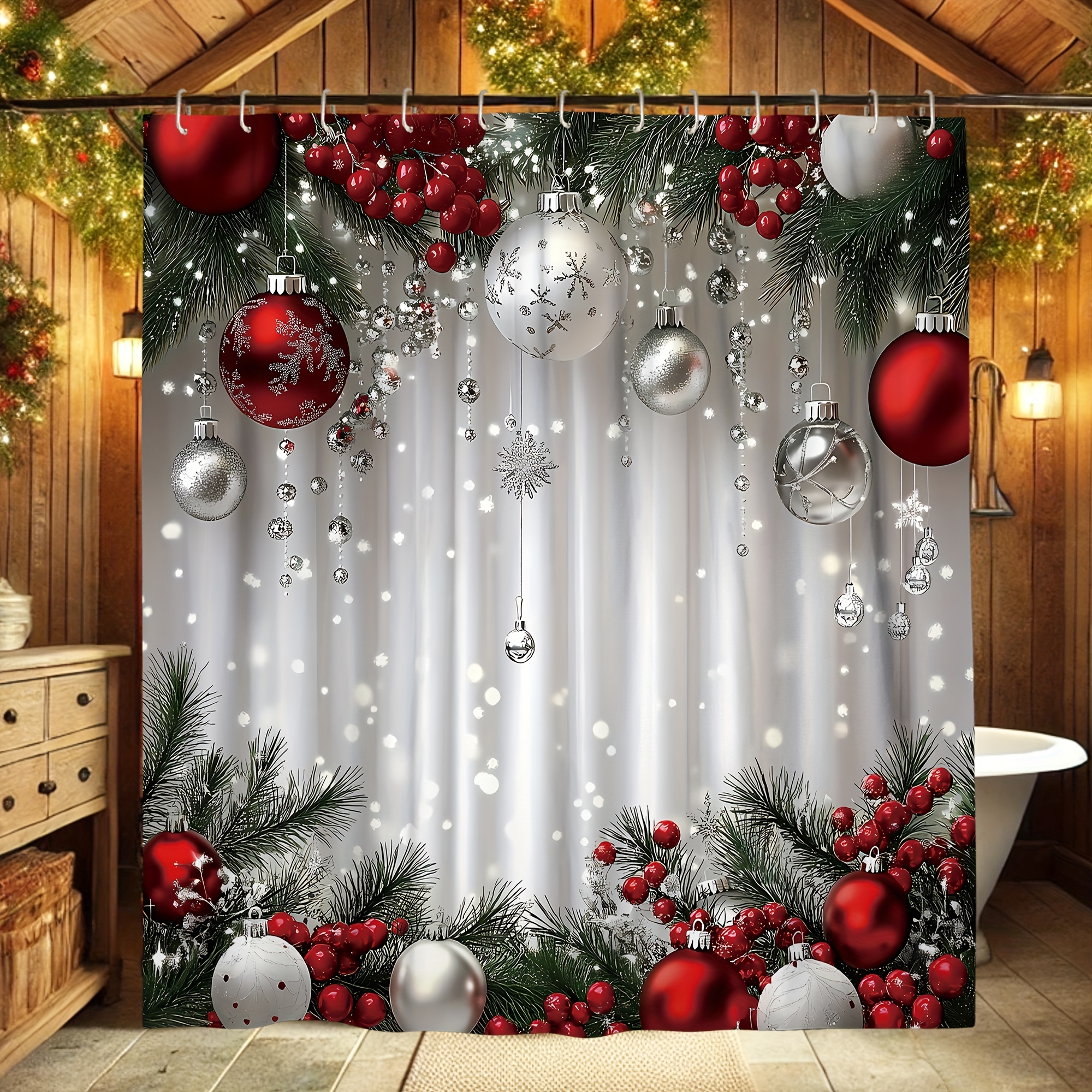 

[open] 1pc Merry Christmas Winter Decorations Shower Curtain Ball Holly White Shower Curtain Washable For Holiday Bathroom Shower Home Decor Ornaments With 12 Hooks