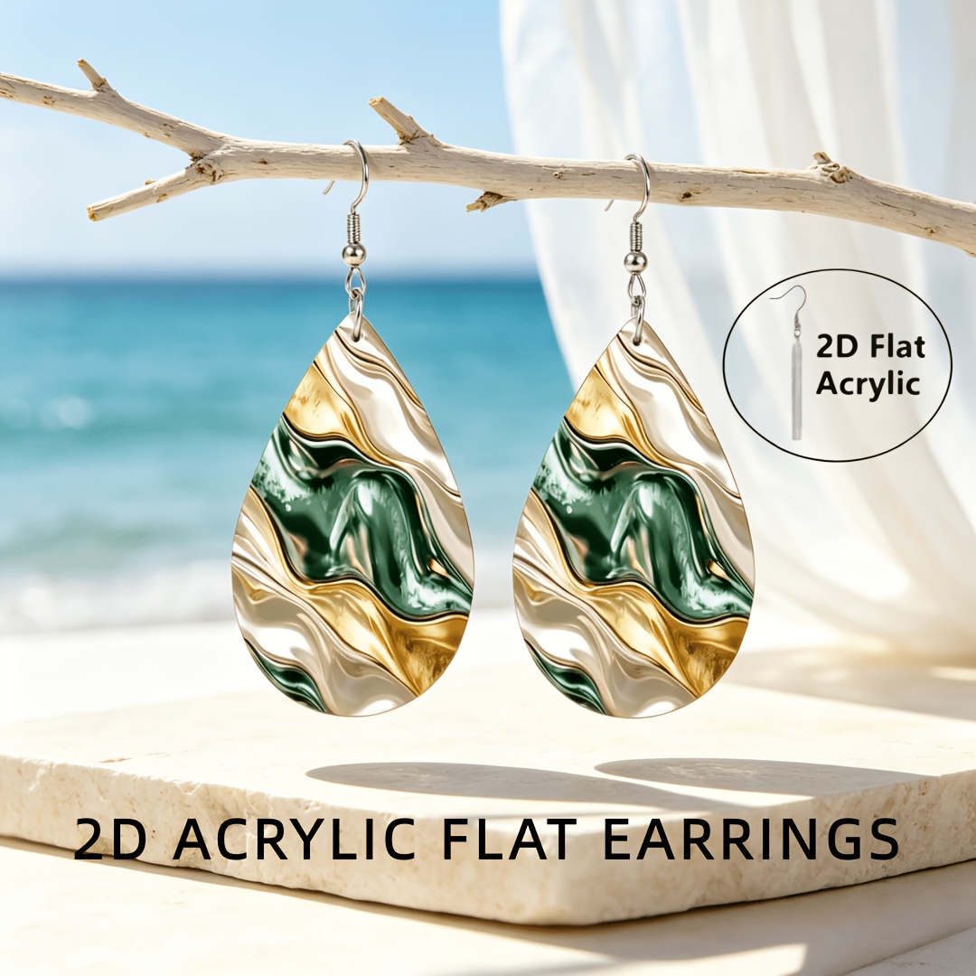 Women's 2D Flat Gilded Ink Green Water Drop Earrings