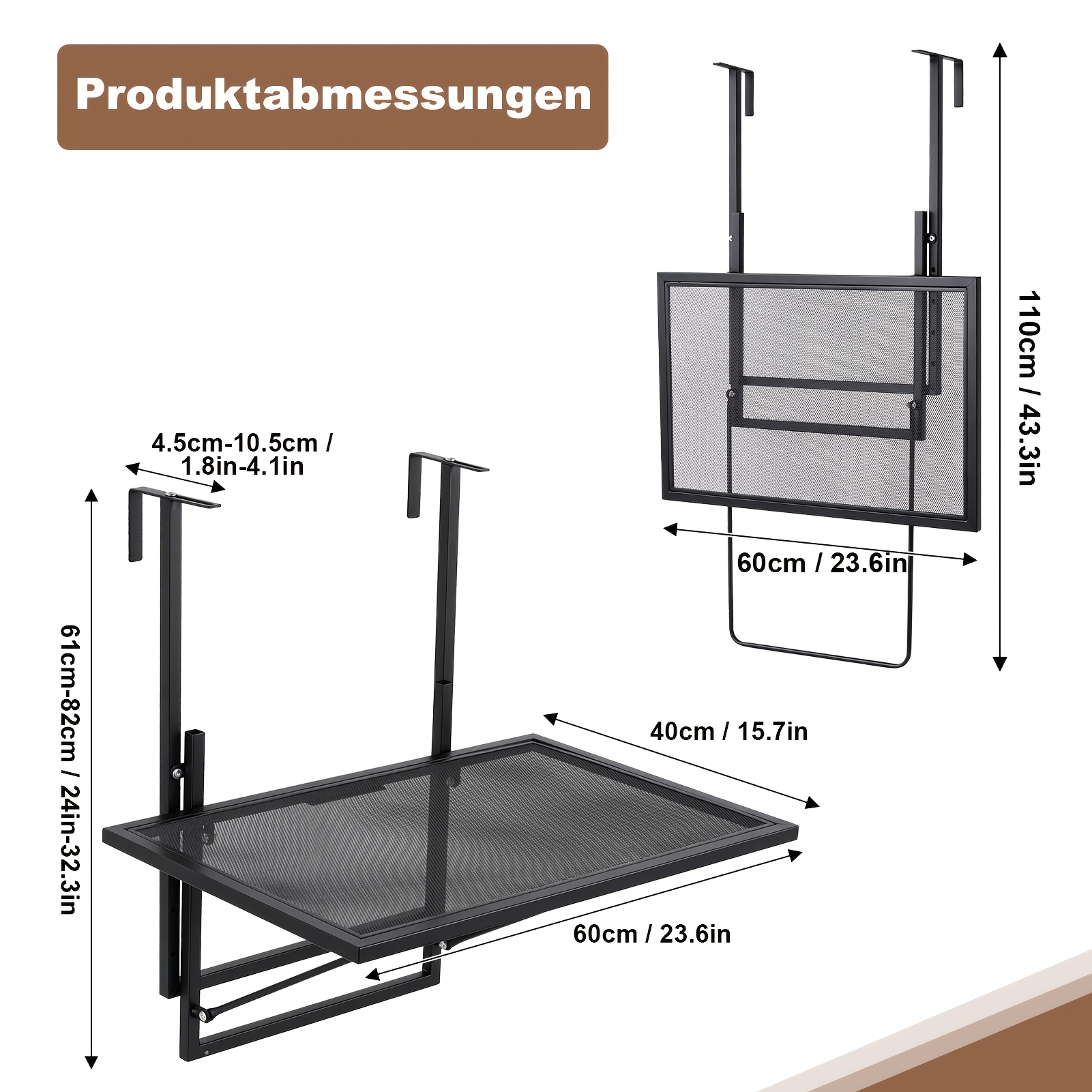 Balcony Table For Hanging, Foldable Balcony Hanging Table With 5-stage Adjustable Height, Folding Table Hanging Table For Balcony Railing, 60 X 40cm