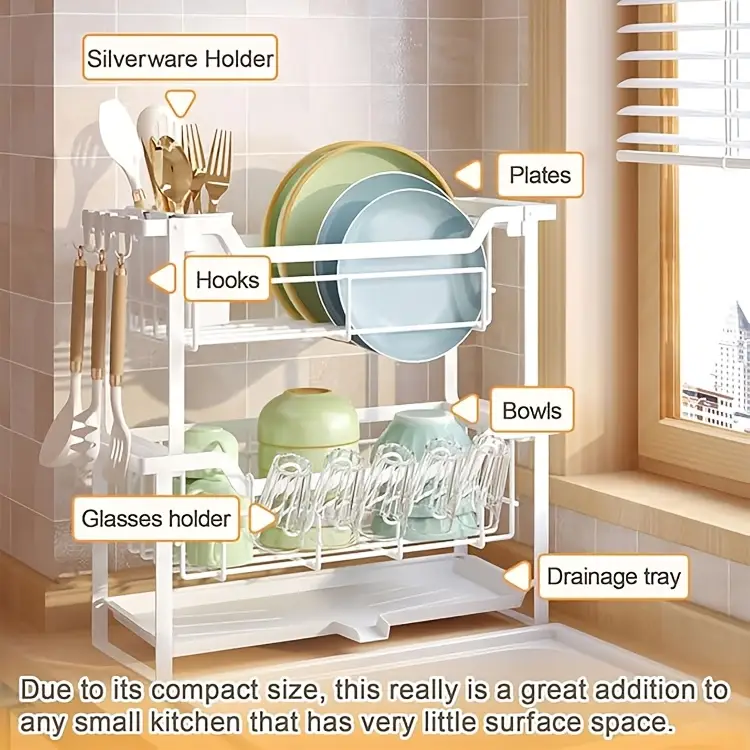 1pc multifunctional convenient durable kitchen counter top sink bowl rack removable 2 tier bowl rack drain board with double layer bowl cup rack drain board board rack utensil rack Product details 2