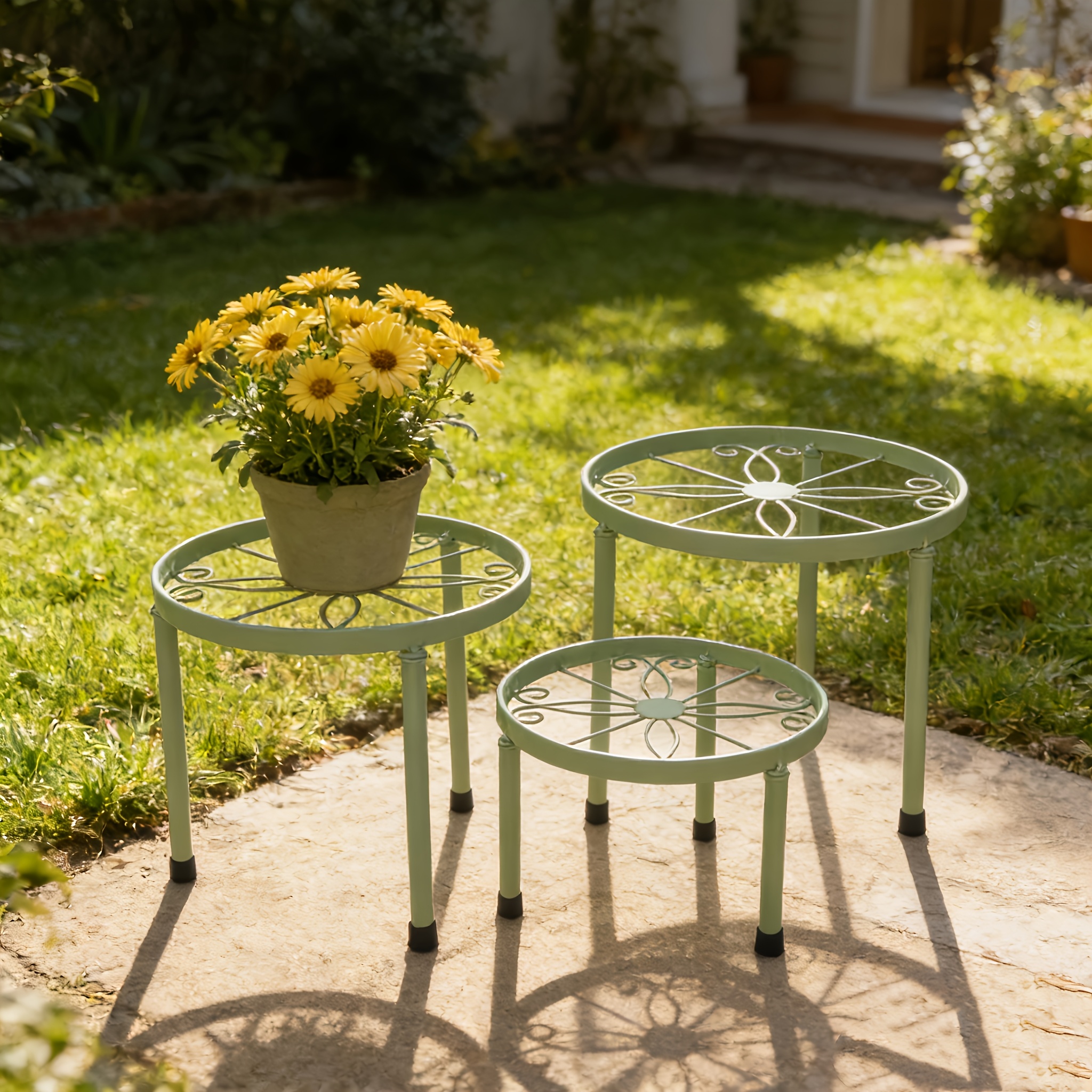 TEMU 3pcs Set Of Wrought Iron Plant Stands With Openwork Patterns. Garden Landscaping Ornament, European- Green Plant Stand, Plant Shelf, 3pcs Set Of