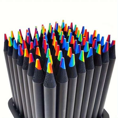 12pcs/mix (bag) 7 Colors In 1 Rainbow Water Soluble Wooden Pencils, Black Wood Colored Concentric Crayons Art School Supplies For Family, School Classroom, Painting, Drawing, Coloring