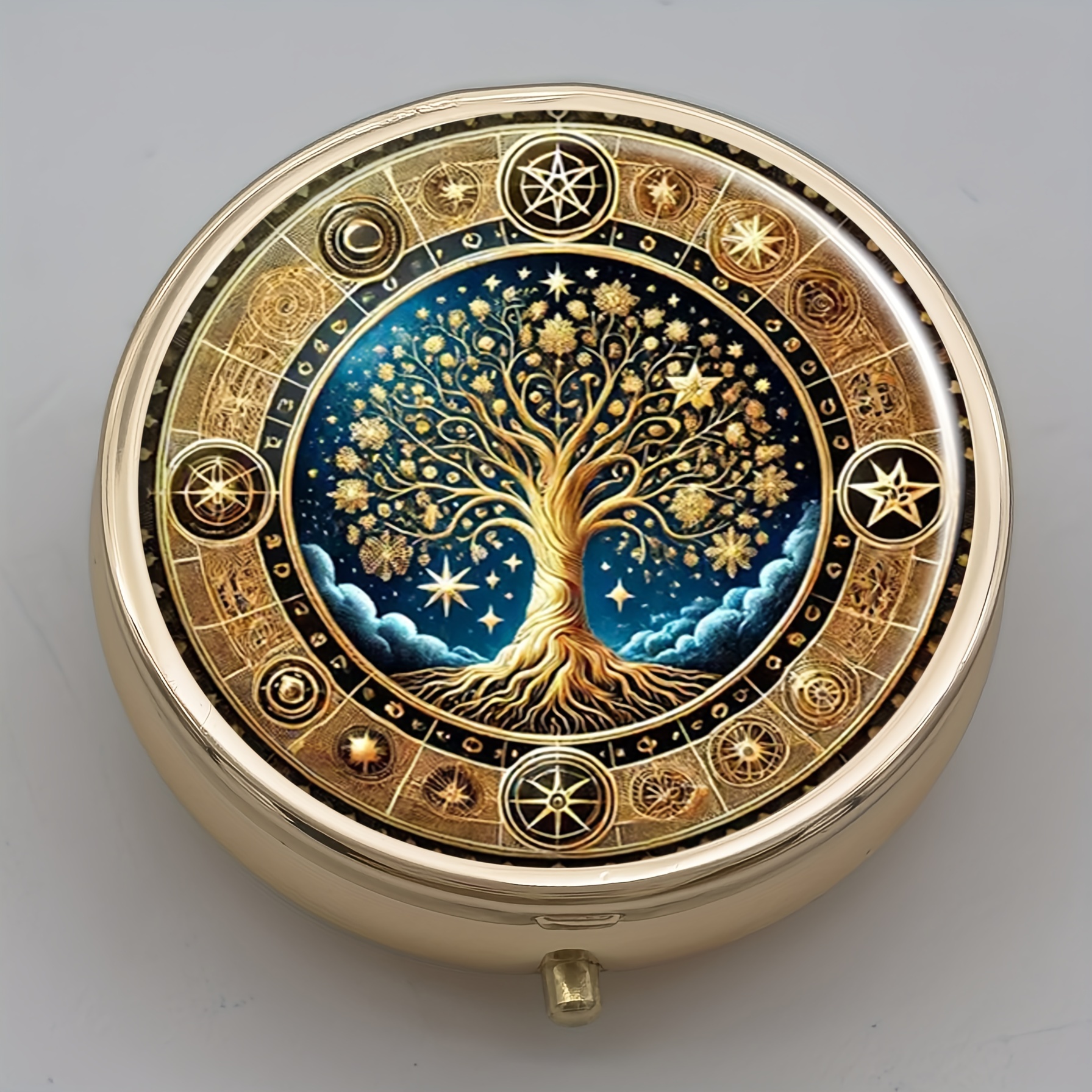 

Tree Of Life Mandala 3-compartment Pill Organizer - Portable Round Golden Pocket-sized Pill Case For Travel, Purse - Compact Medication Holder, Daily Pill Box With Clasp