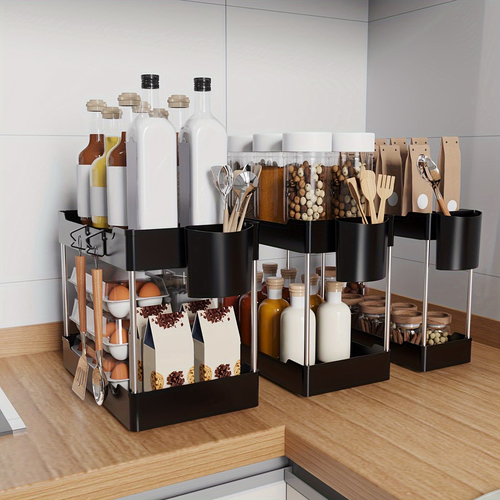 

3pcs Under Sink Organizer And , 2-tier Bathroom Organizers And Storage, Cabinet Organizer With Hooks, Hanging Cup, For Kitchen And Bathroom, Home Organizers And Storage, Home Accessories