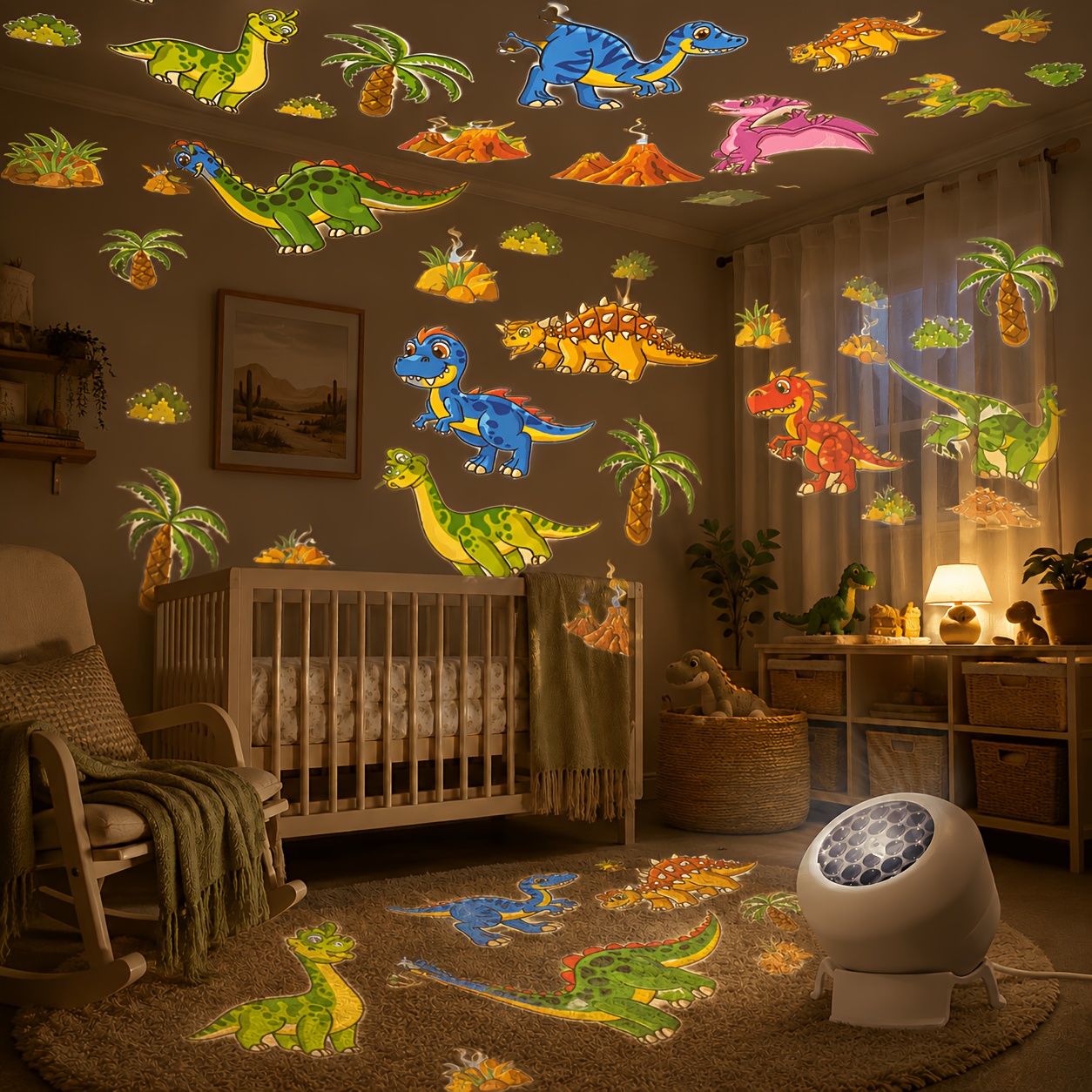 Dinosaur Themed Dynamic Projection Lamp, Dinosaur Forest Elements, USB Plug In, 360° Rotation for Dreamy Light Effects, Soft Light, Applicable to Bedroom, Living Room, Birthday Parties, an Excellent Gift