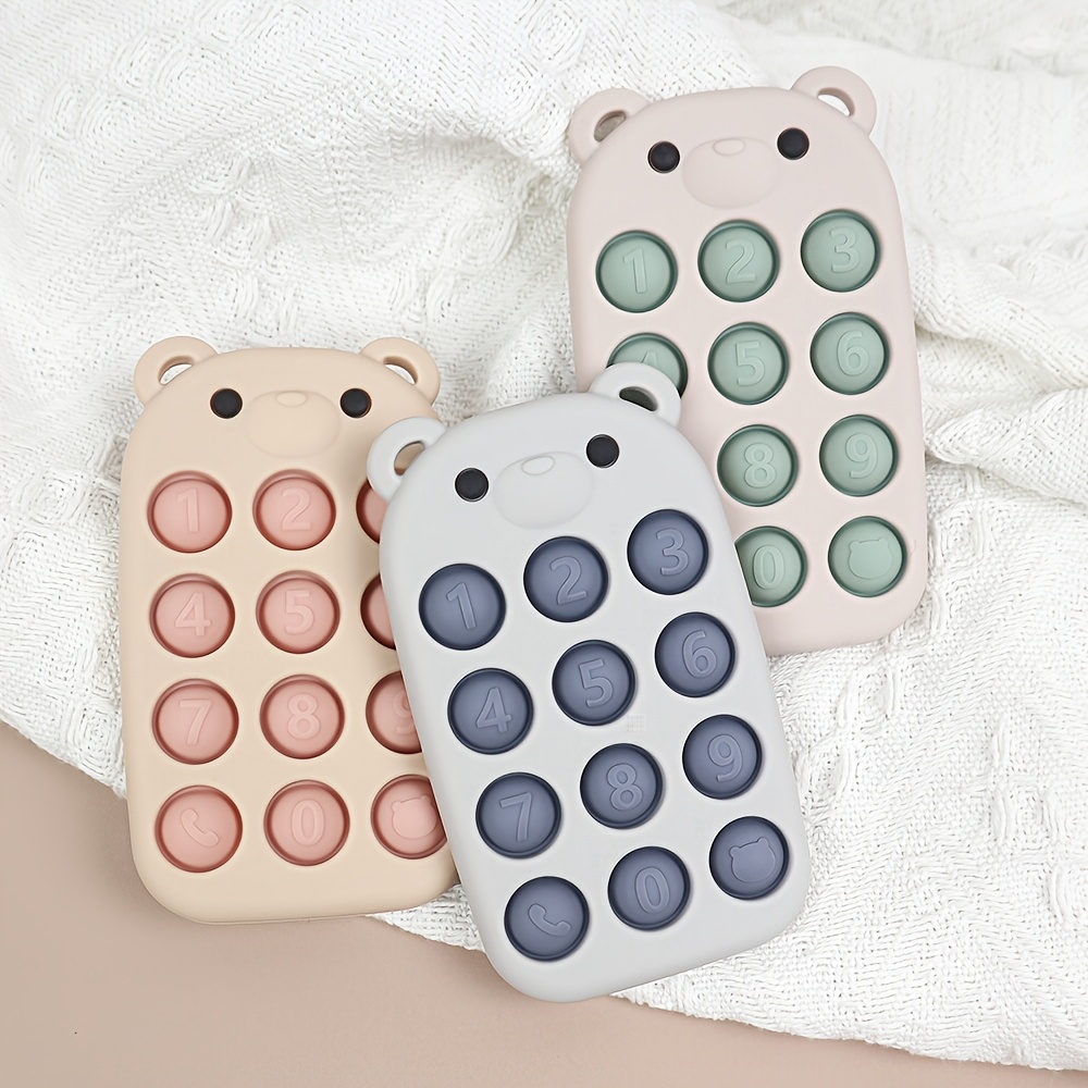 Silicone Phone-Shaped Teether Toy for Kids, Bear Button Design