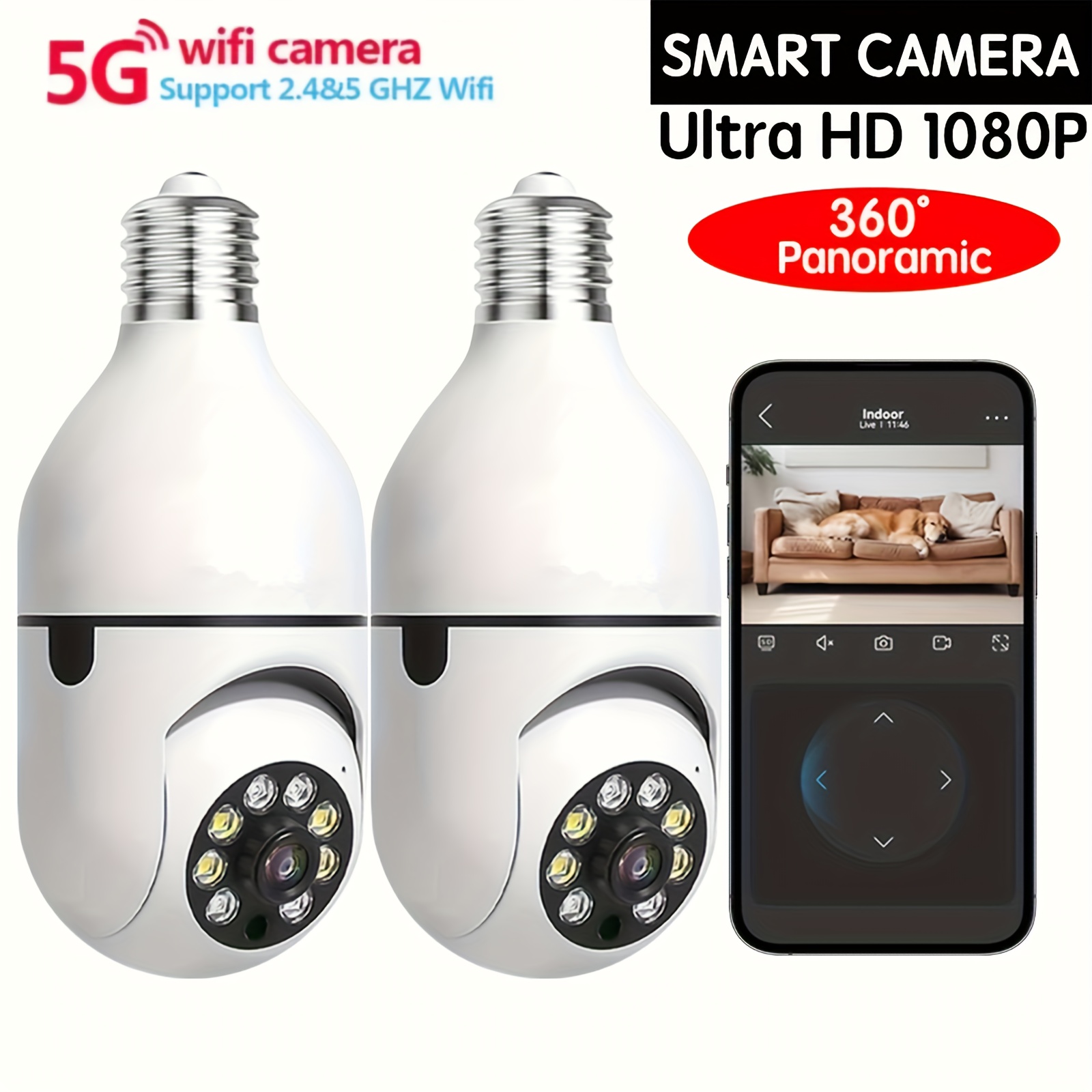 TEMU 2pcs Ease -light Bulb Security Cameras Indoor Outdoor Wireless Wifi Camera 5ghz, 360 Degree, E27 Light Socket Screw In Security Cameras For Home