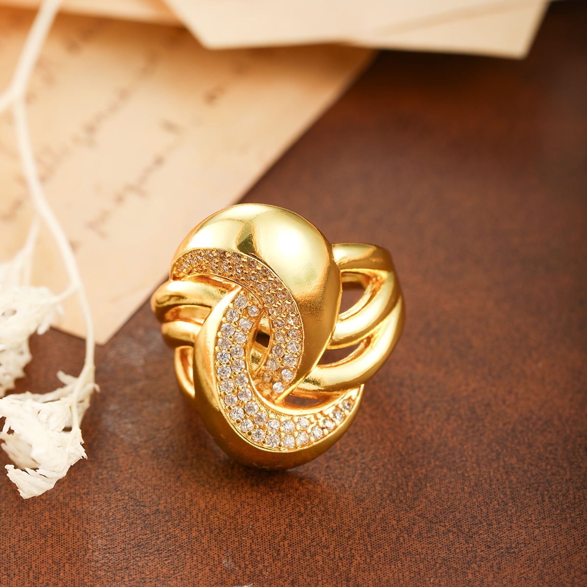 Gold Plated Zirconium Wide Ring, Adjustable Opening