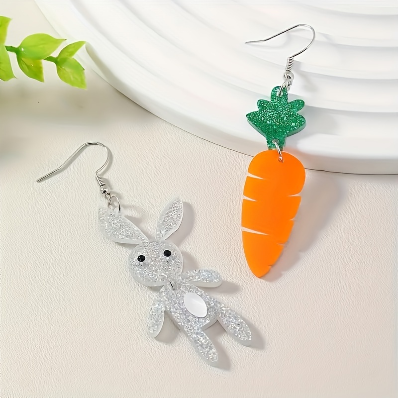 1 Pair Of Women's Fashion Earrings, Cute Cartoon Asymmetrical Rabbit And Carrot Animal Design, Suitable For Daily Wear And Versatile Party Occasions