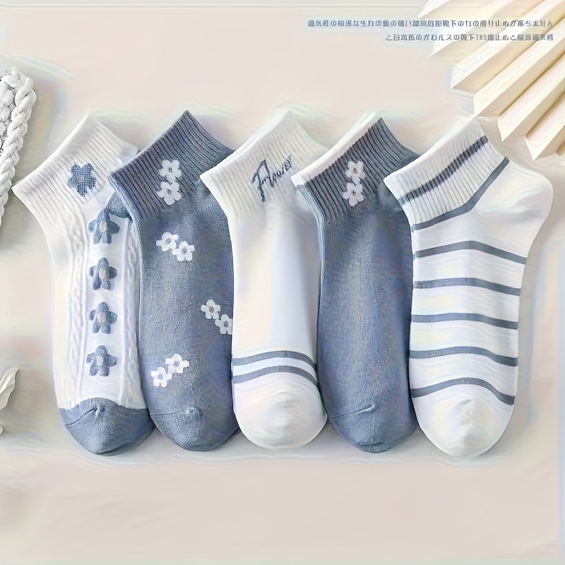 E-shop 5-Pack Damen Elegante Knöchelsocken, Blumen- & Streifenmuster, Atmungsaktive Weiche Kurzsocken für Casual & Formelle Kleidung, Niedliche