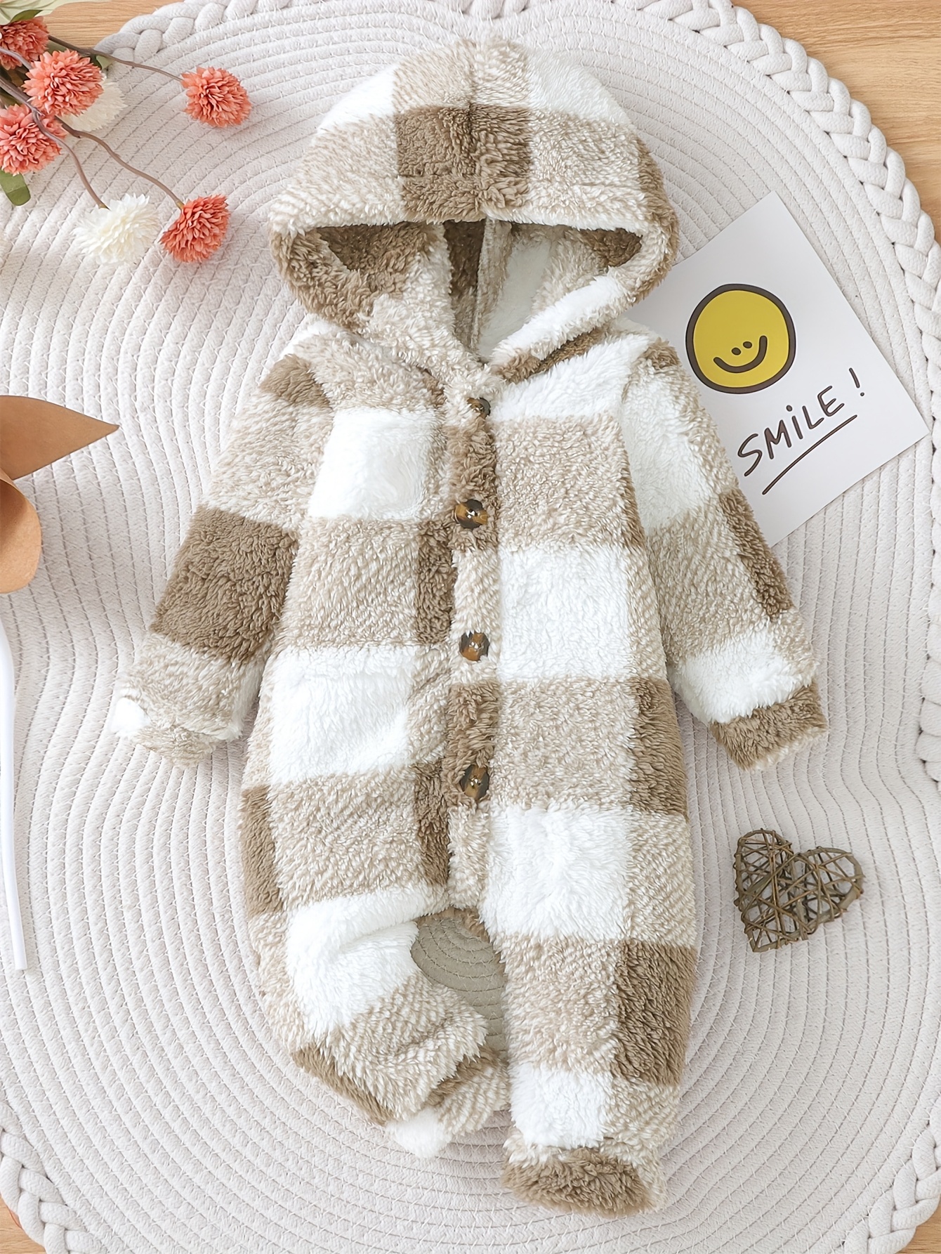 Girls' Cozy Fleece-Lined Hooded Romper Long Sleeve Winter Jumpsuit with  Front Button Closure, Checkered Pattern, Soft Warm Outfit for Fall/W