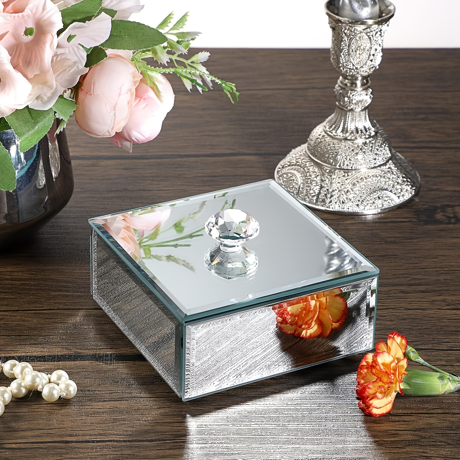 TEMU Silvery Glass Mirror Jewelry Box With Crystal Handle Square Ornament Storage Box Classic Souvenir Box For Storing Rings, Earrings, Necklaces And Stand