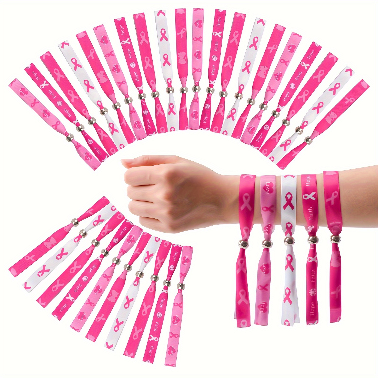 

Breast Cancer Awareness Wristbands - 30pcs Set, Adjustable Pink Ribbon Bracelets With Inspirational Messages, Durable Polyester, Assorted Styles For Support &