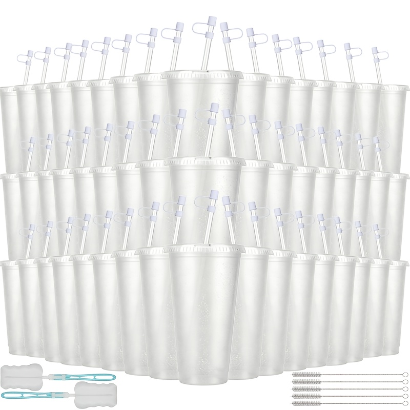50-pack 24oz Reusable Glitter Plastic Cups With Lids, Straws & Dust Covers, Bulk Large Party Cups For Outdoor Wedding, Camping Celebration & , Includes Cleaning Brushes (pink//rose)