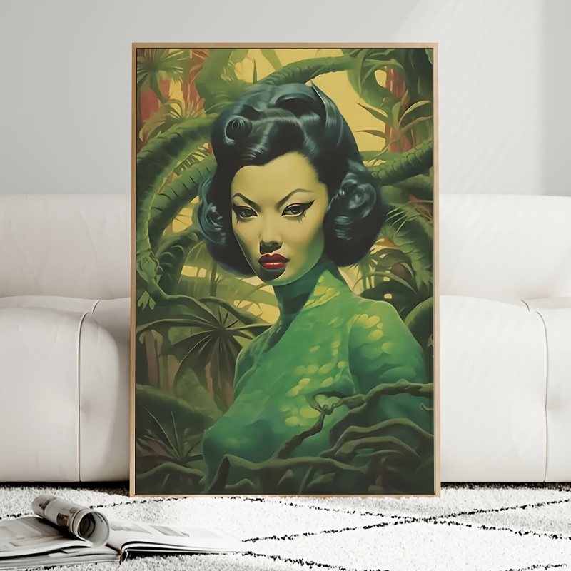 TEMU 2d Flat, 1pc Kitsch Lady Canvas Poster - Mid-century Modern Art Decor, Frameless Vintage Wall Art For Living Room And Bedroom, Jungle Theme,
