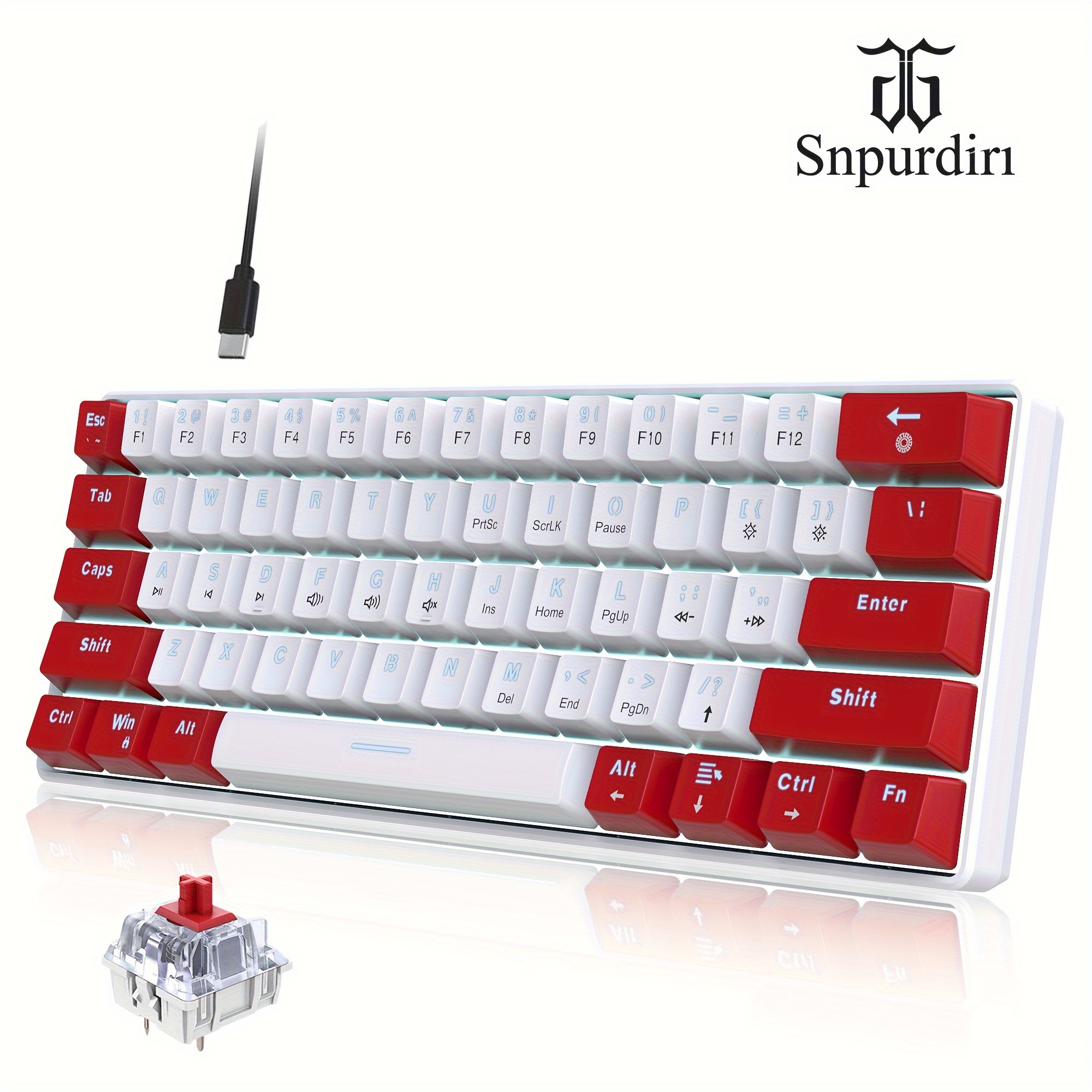 

61 Keys Mechanical Wired 60% Mechanical Gaming Keyboard Red Axis Keys Portable Mini Keyboard For Windows Laptop -red White