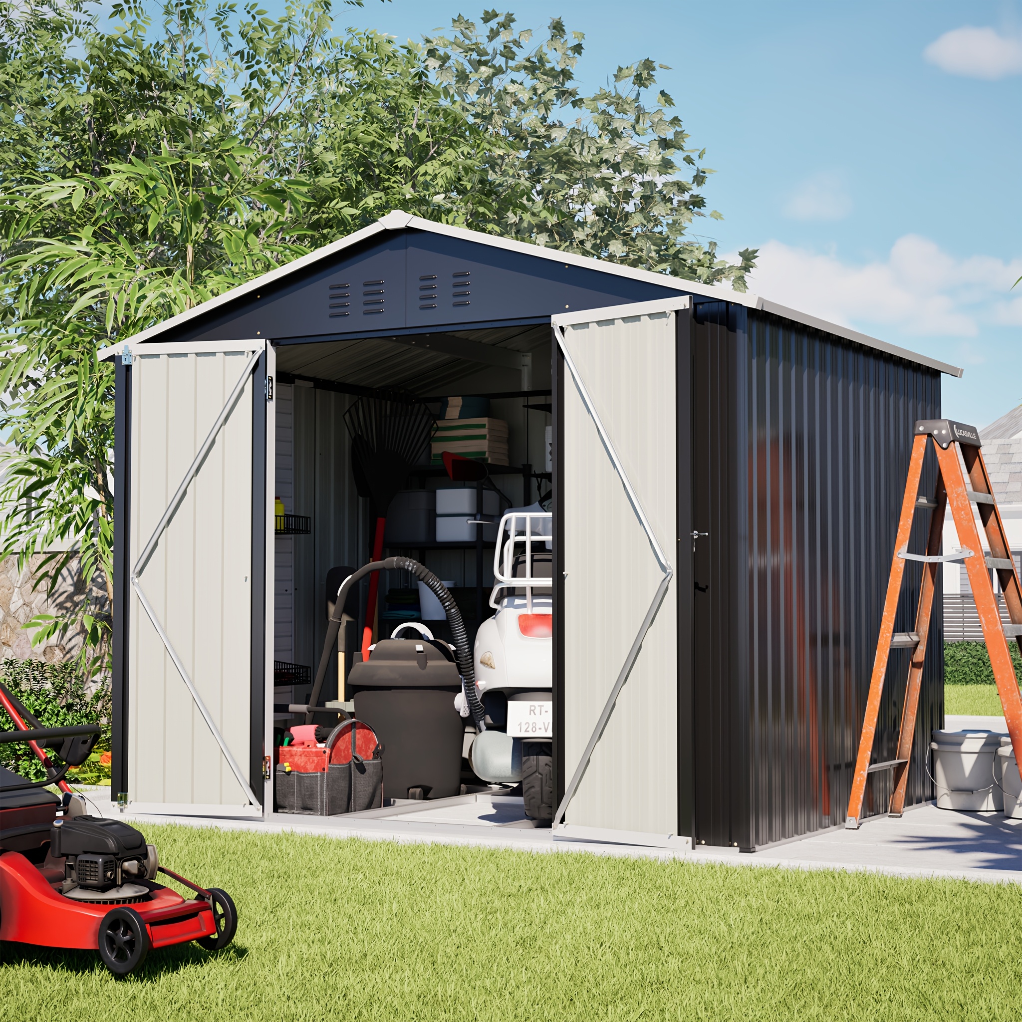 Outdoor Heavy-duty Metal Garden Shed With Lockable Doors & Roof - Removable Tool Storage Shed Suitable For Backyard,, Or Use - With Floor Frame & Vents, 8x6ft