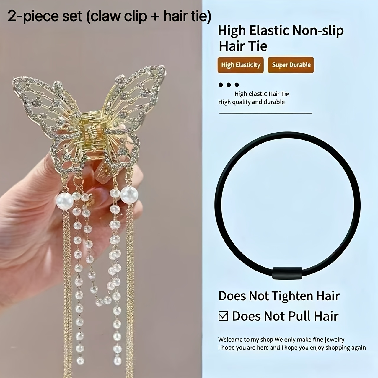 TEMU Set de 2 piezas [Clip de agarre con borla de perla de de mariposa calada con diamantes de y de elasticidad] Elegante set de accesorios para el