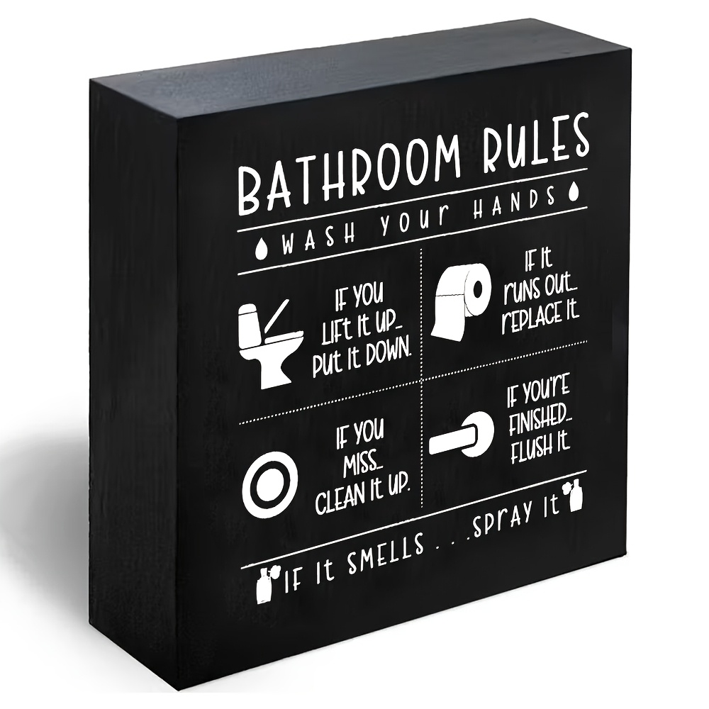 TEMU 1pc Black Funny Bathroom Rules Wooden | Humorous Toilet Decor For Home, Restroom, Guest Bath And Shelf Housewarming Gift