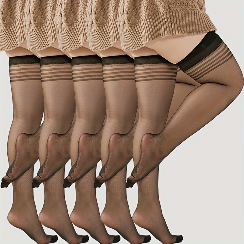 

5 Pairs Women's Plus Casual Thigh High Stockings, Plus Size Striped Summer Ultra-thin Slim Over The Knee Socks