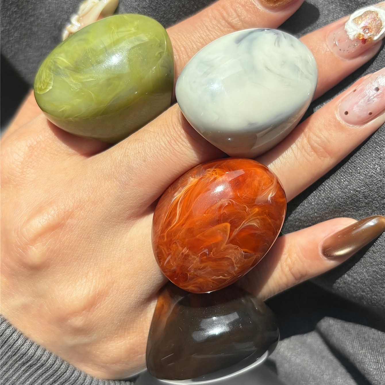 TEMU Juego de 4 anillos de resina minimalistas geométricos retro, anillos ovalados multicolores de gran tamaño, adornos de joyería, adecuados para el