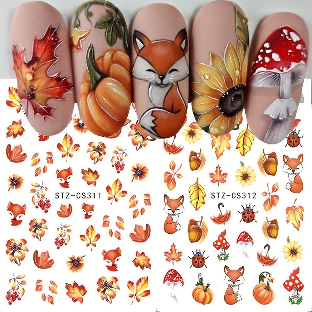 

4pcs Thanksgiving Nail Art Sticker Set - Cartoon Fox, Pumpkin, Maple Leaf, 3d Self-adhesive Decals With Glitter, Plants Theme, Paper Nail For Women And Girls, Rectangular , Single Use