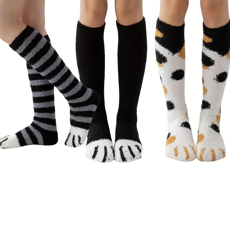 

3pcs Cozy Winter Plush Knee-high Socks - Soft, Warm Polyester With Striped And Leopard Print Patterns, Ideal For Cold , Cold Weather Gear|stylish Kneehighs|plush Polyester