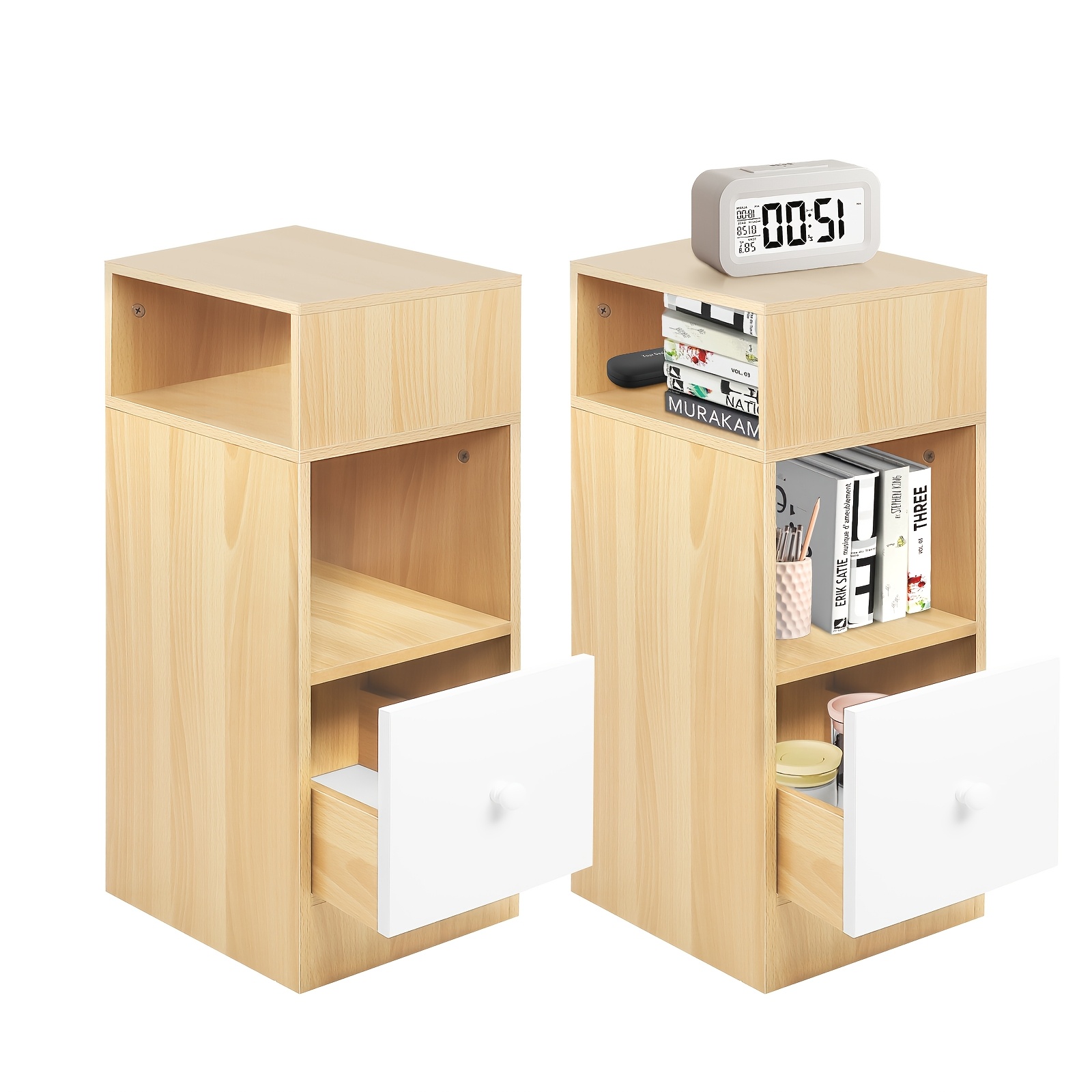 2pcs Narrow Nightstand Set | Bedside Furniture, Slim Side End Table Storage Cabinet For Small Space, Mid Century Modern Nightstand With Sliding Drawer And Open Compartment, White & Natural