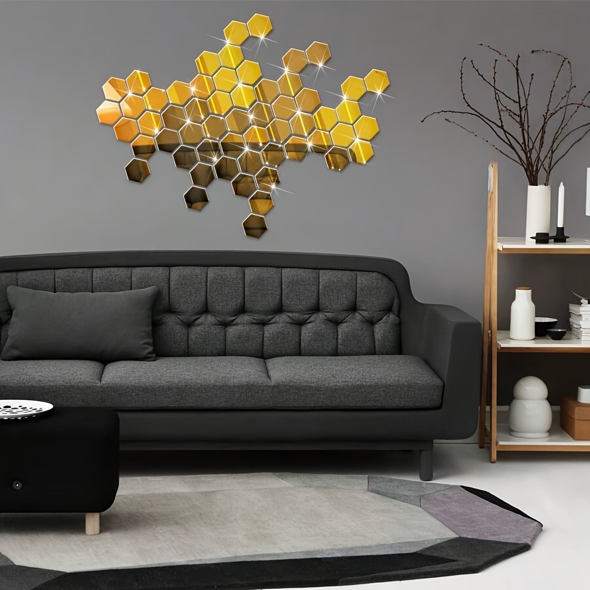48 piezas, Adhesivos de pared hexagonales de espejo acrílico - Autoadhesivos, Espejos decorativos 3D, Dorados y plateados, Adecuados para la renovación de habitaciones, Decoración moderna de pared de fondo para el hogar