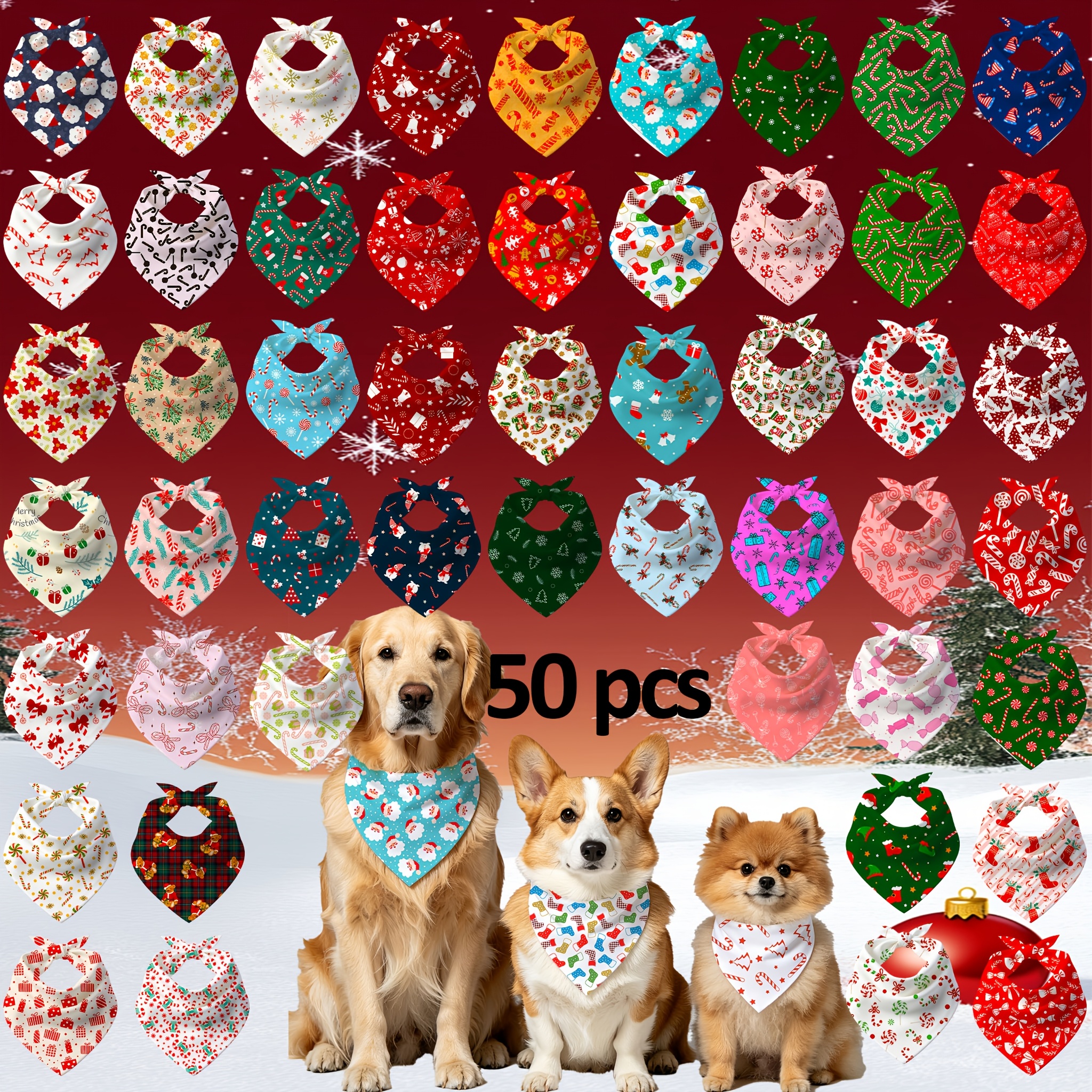 TEMU 50pcs Set Of Christmas Pet Bibs On , Soft And Skin-friendly, With Cute Christmas Prints, Adjustable, Reusable, Washable Drool Bibs For Small,