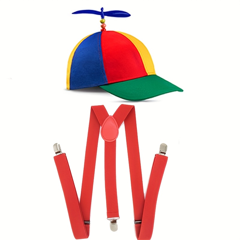 Image of D 2pcs Rainbow Propeller Dress Up Additions Set For Women And Men Propeller Hats Detachable Helicopter Baseball Hat With Y Back Style Suspenders For Adult