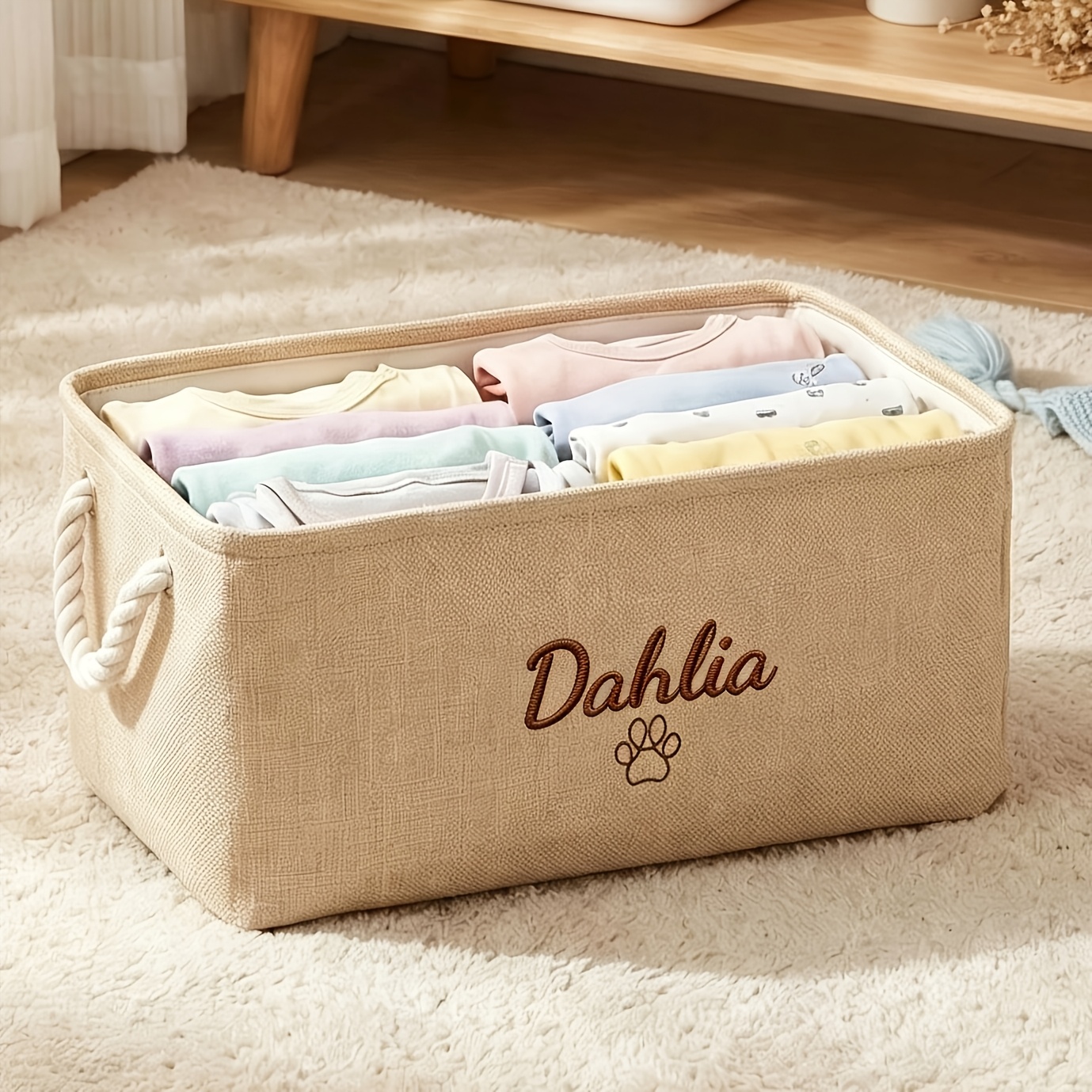 Custom Storage Basket with Handles, Personalized Foldable Bin