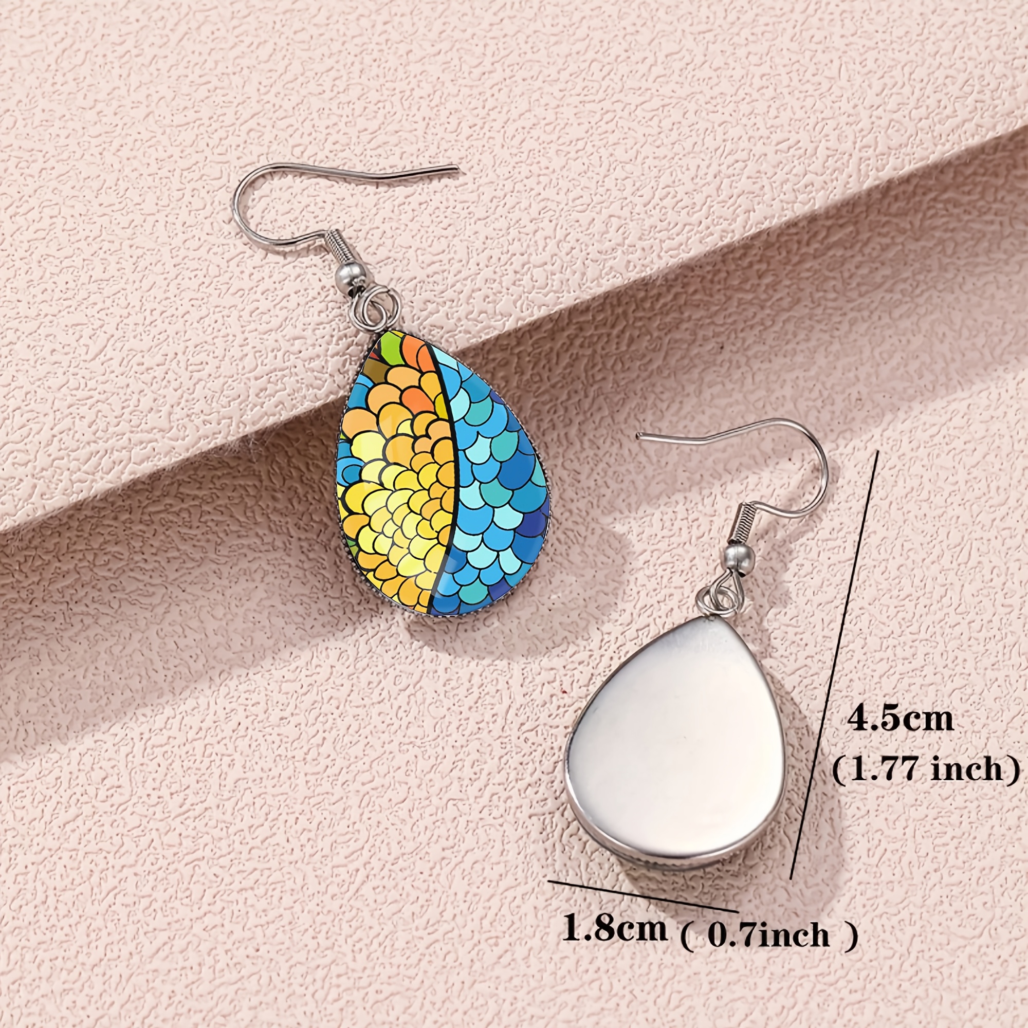 Multicolor Painted Fish Scale Pattern Teardrop Earrings, Stainless Steel