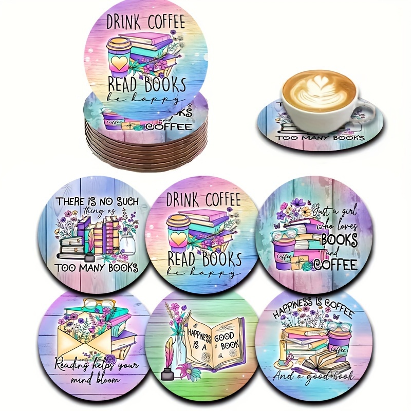 

6pcs Book Wooden Coaster Set - Coffee, Tea & Beverages - Decor Gift For Parents & Friends