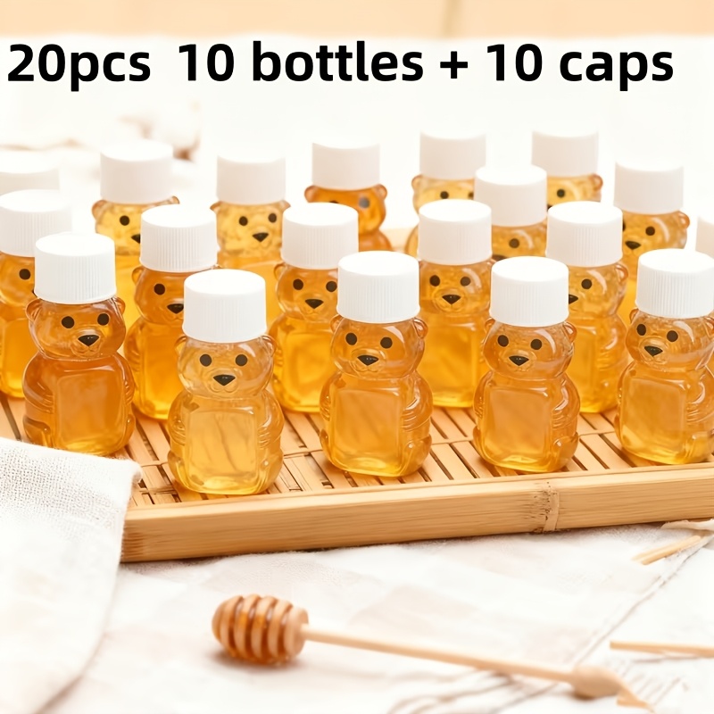 TEMU 20pcs Mini Bear Honey Bottles, Including 10pcs Empty Bear-shaped Plastic Honey Jars And 10pcs Screw Caps, Transparent Pet Small Capacity Honey