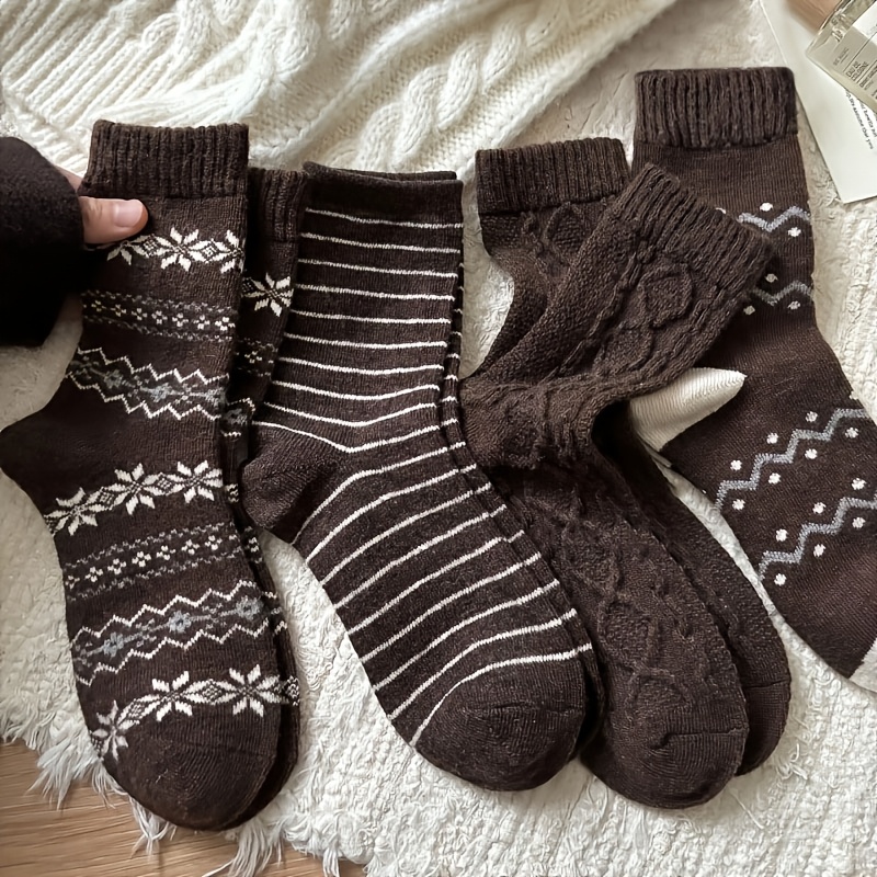 TEMU 4 Pairs Women's Mid-calf Socks With Snowflake, Cable, Or Stripe Patterns. Perfect For Fall And Winter—great With Snow Boots Or Retro Dresses.