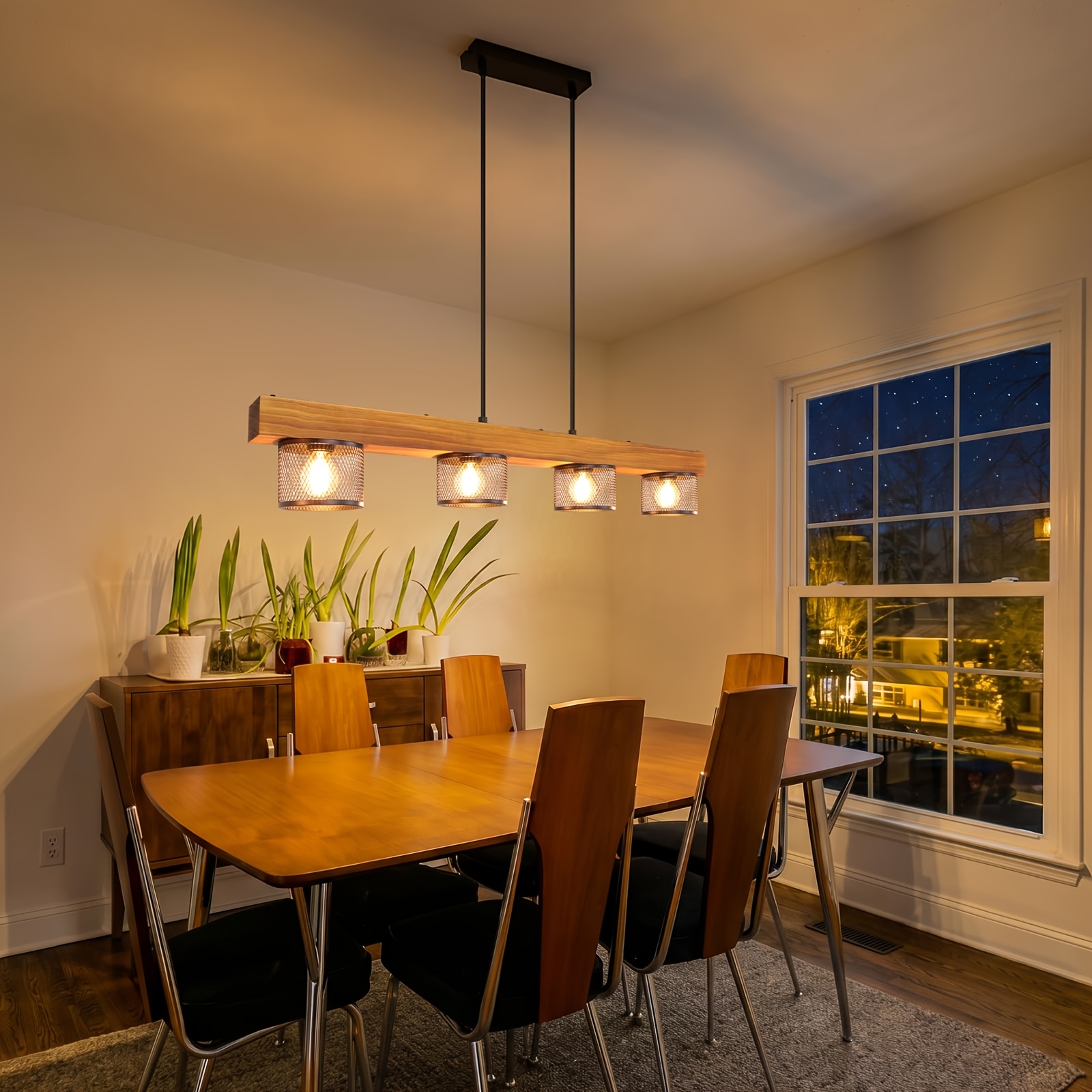 Image of Vintage Pendant Hanging Lamp Dining Table 4-flame With Wooden Beams | Black Hanging Lamp Retro Dining Table Lamp E14 Dining Room Lamp Made Of Metal For Room Dining Room (without Bulbs)