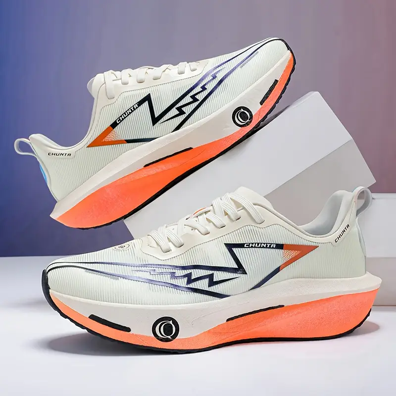 sapatos desportivos casuais   e respiráveis para homem - forro   confortável, suporte estável e sola durável antiderrapante, design geométrico elegante, ténis de   baixo para   as   para caminhadas, ginásio, corrida e uso diário -   brancos e laranja,   de atacadores, calçado de caminhada, look desportivo elegante, sola eva acolchoada detalhes 7