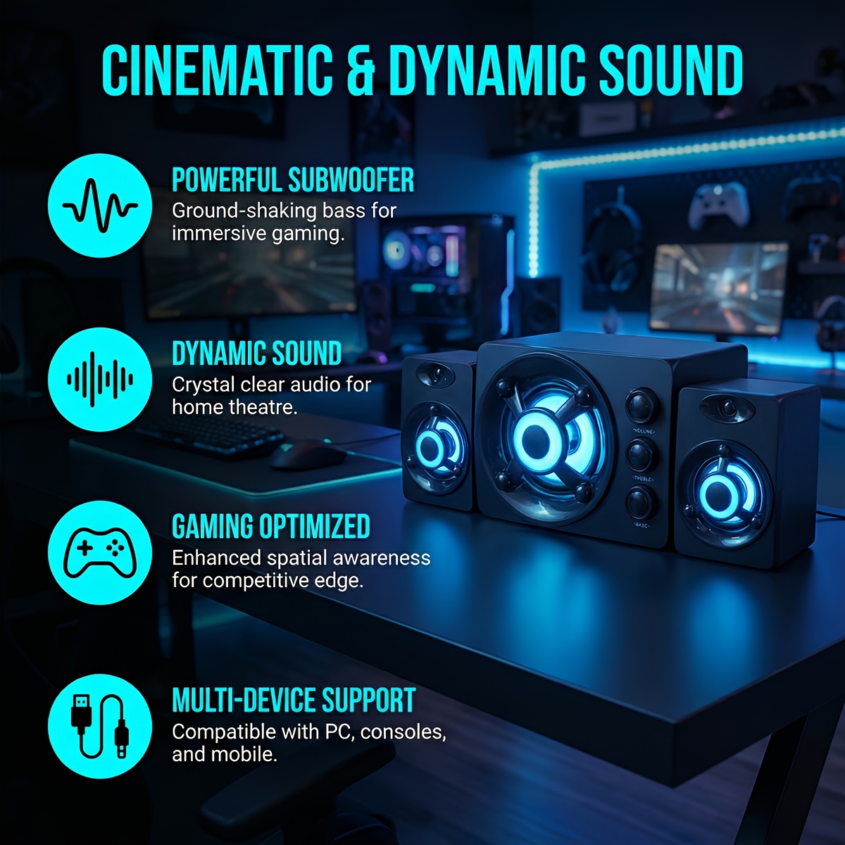 TEMU Wired Subwoofer Speakers, Plug And Play 2.1 Usb Powered Stereo Multimedia Speaker 2.1 Pc Speakers System With Rgb Lighting, , 3 Speaker Layout,