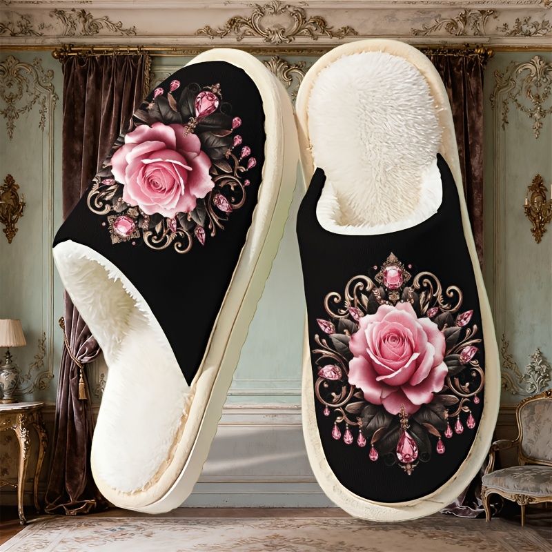 TEMU Cute Plush Couple Slippers Suitable For - Thick Sole Indoor House Shoes With Sole & Soft Fabric Upper, French Style Slip, Comfortable Matching