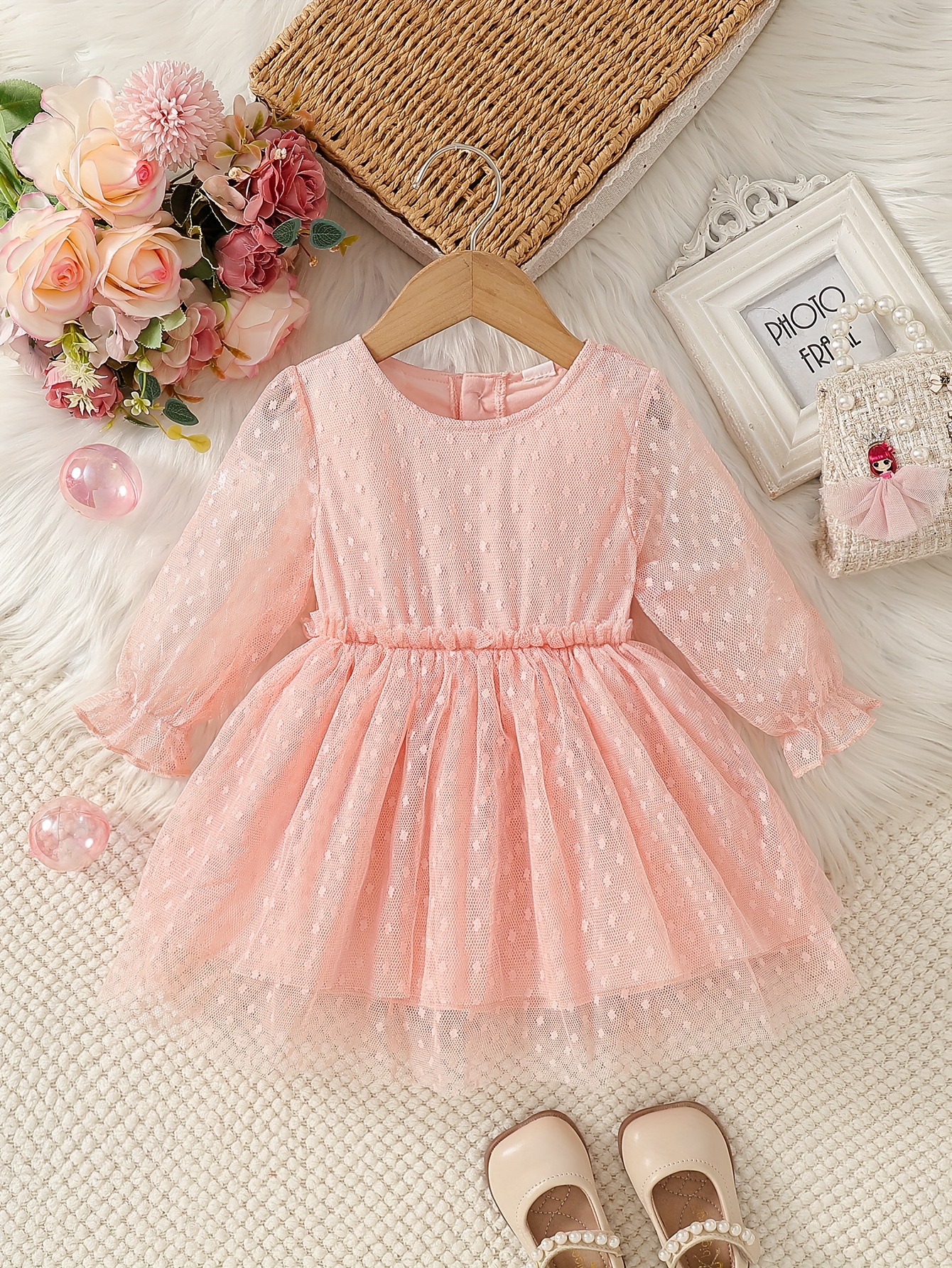 spring autumn polka dot mesh dress girls round neck long - Temu Oman